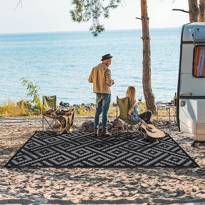GENIMO Outdoor Rug for Patio Clearance,5'x8' Waterproof Mat,Reversible Plastic Camping Rugs,Rv,Porch,Deck,Camper,Balcony,Backyard,Black & Gray