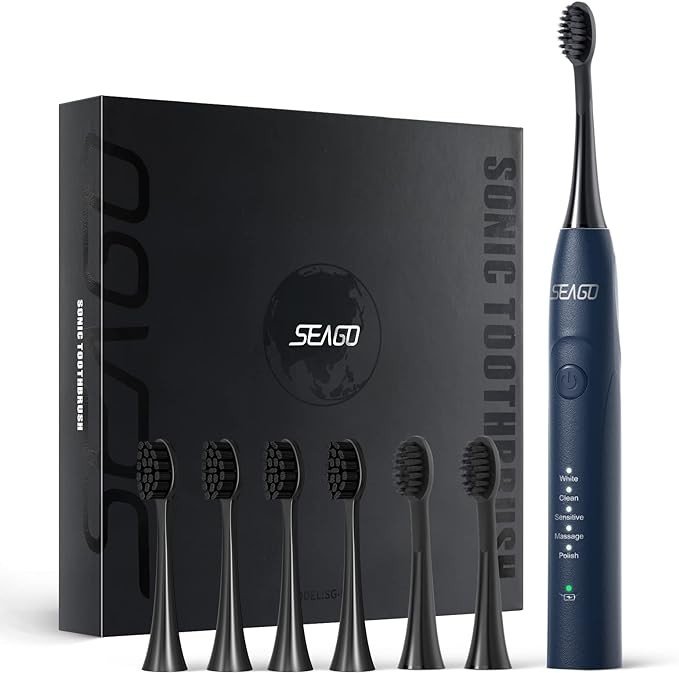 SEAGO Electric Toothbrush, Rechargeable Sonic Toothbrush Last for 30 Days with 5 Modes and 2 Mins Timer, Portable Electric Toothbrushes for Adults with 8 PCS Brush Heads (Blue)