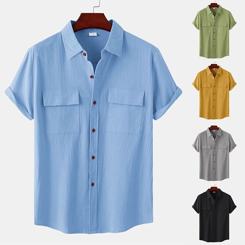 Men's Casual Button Down Shirts Short Sleeve Beach Linen Cotton Summer Shirt �