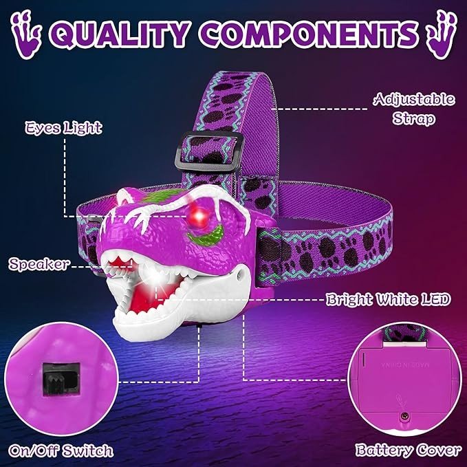 HLDYA Dinosaur LED Headlamp for Kids T-Rex Toy Kids Flashlights - Dinosaur Toys for Boys Girls Toddlers Camping Gear Outdoor Toys for Kids Birthday Halloween Stocking Stuffers Purple